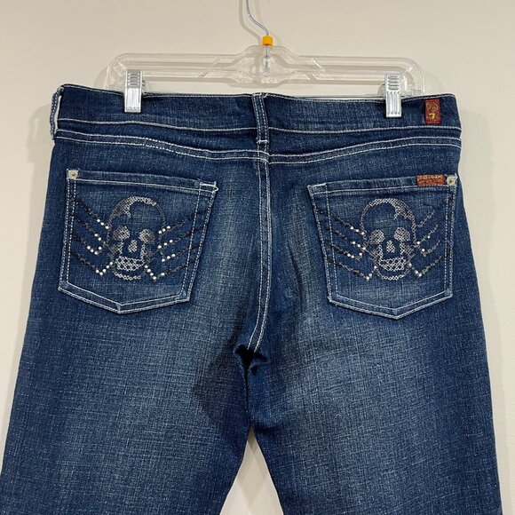 7 FOR ALL MANKIND Y2K Low Rise Embroidered Skull Pocket Boot Cut Jeans Sz 30 EUC - Picture 1 of 12